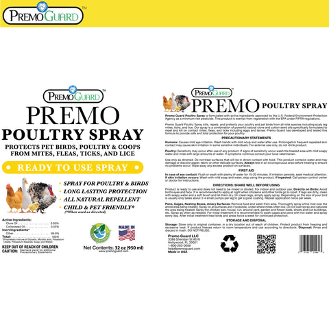 Poultry Spray 32 oz - Plant Based All Natural Non-Toxic - By Premo Guard